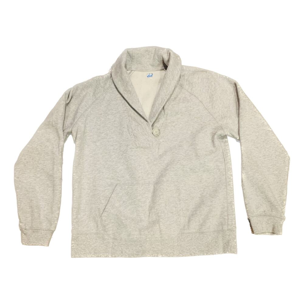 Vintage Sweatshirt Large Womens Gray Pullover Roll Collar Kangaroo Pocket Button